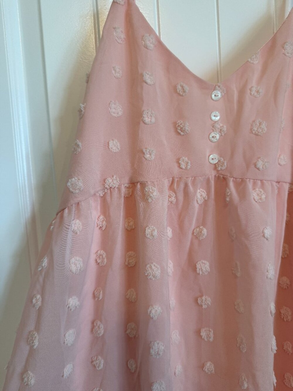 Blush pink spaghetti strap mini dress with textured Swiss dot detailing - Picture 2 of 7
